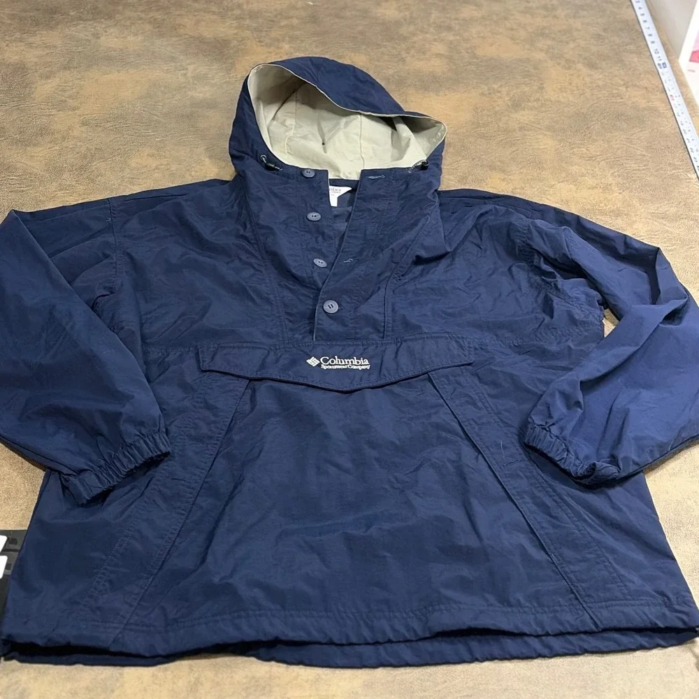 Columbia Anorak Windbreaker Mens Large Navy Blue Pullover KM3720 Hooded Jacket